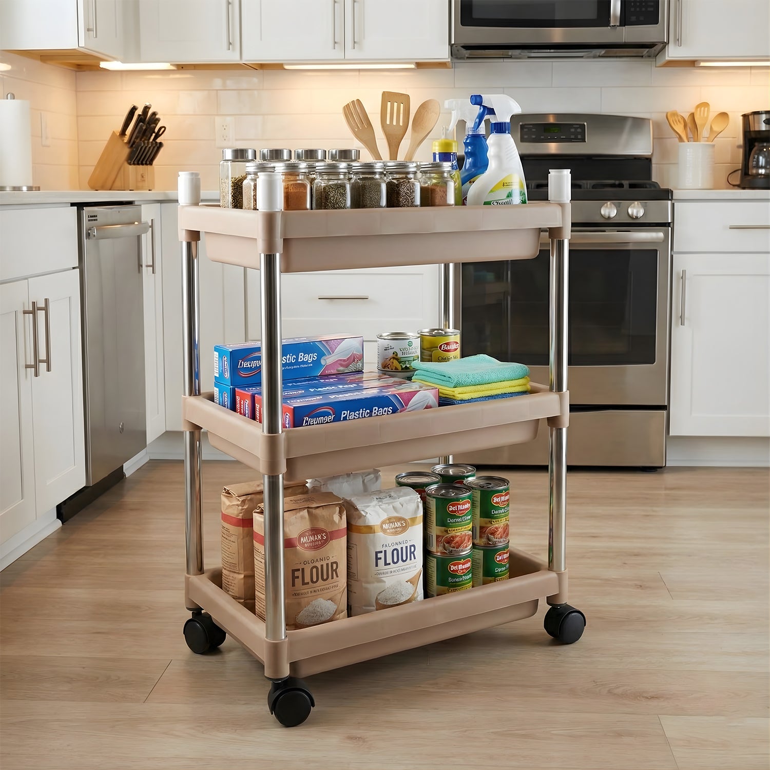 Rolling 3-Tier Utility Cart - Mobile Space-Saving Storage Organizer for Home and Office - Detailed Feature View 7