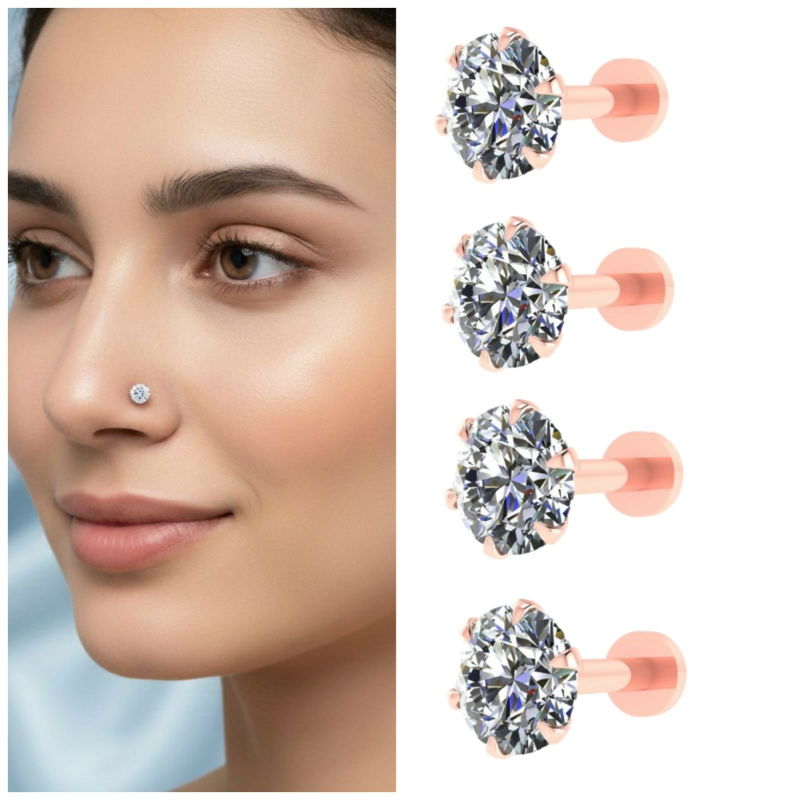 Premium Rose Gold AD Nosepin Stud – Internally Threaded Combo Pack of 4 - Buy Online at Alikart