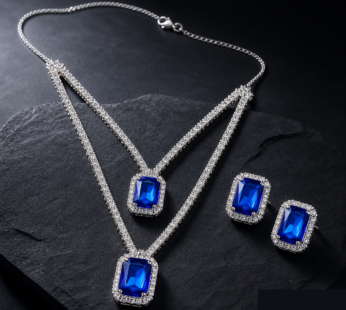 Royal Blue Crystal Pendant Necklace Set for Women with Matching Stud Earrings