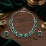 Premium Royal Emerald Green American Diamond Silver-Plated Bridal Necklace and Earring Set - Buy Online at Alikart