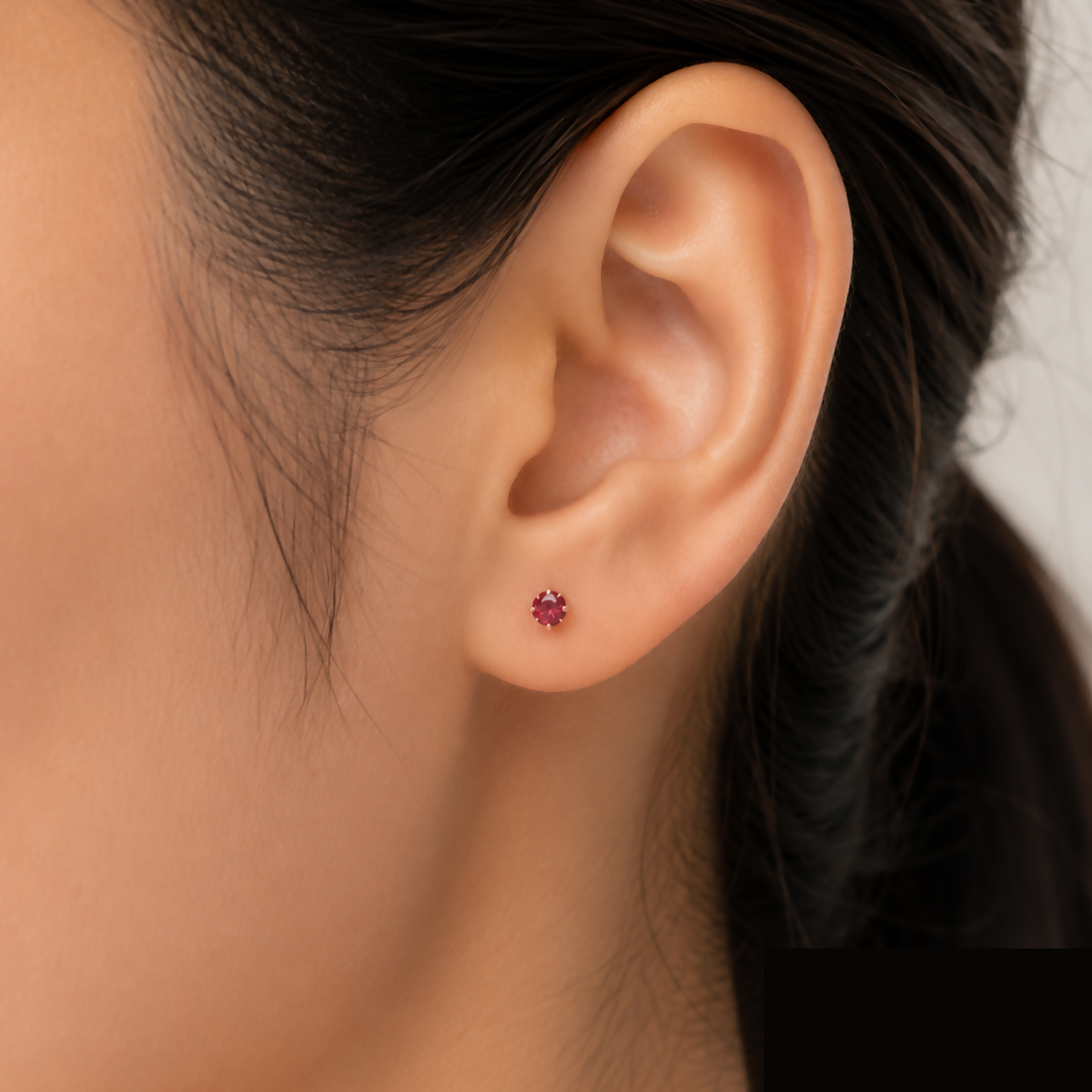 Ruby Red Crystal Flat Back Labret Stud Earring in Rose Gold Finish - Detailed Feature View 1