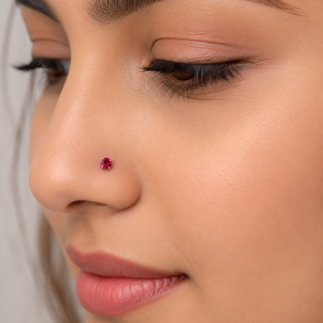 Ruby Red Crystal Flat Back Labret Stud Earring in Rose Gold Finish - Detailed Feature View 2