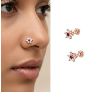Ruby Red Flower Nosepin – Elegant Rose Gold Studs Pack of 2