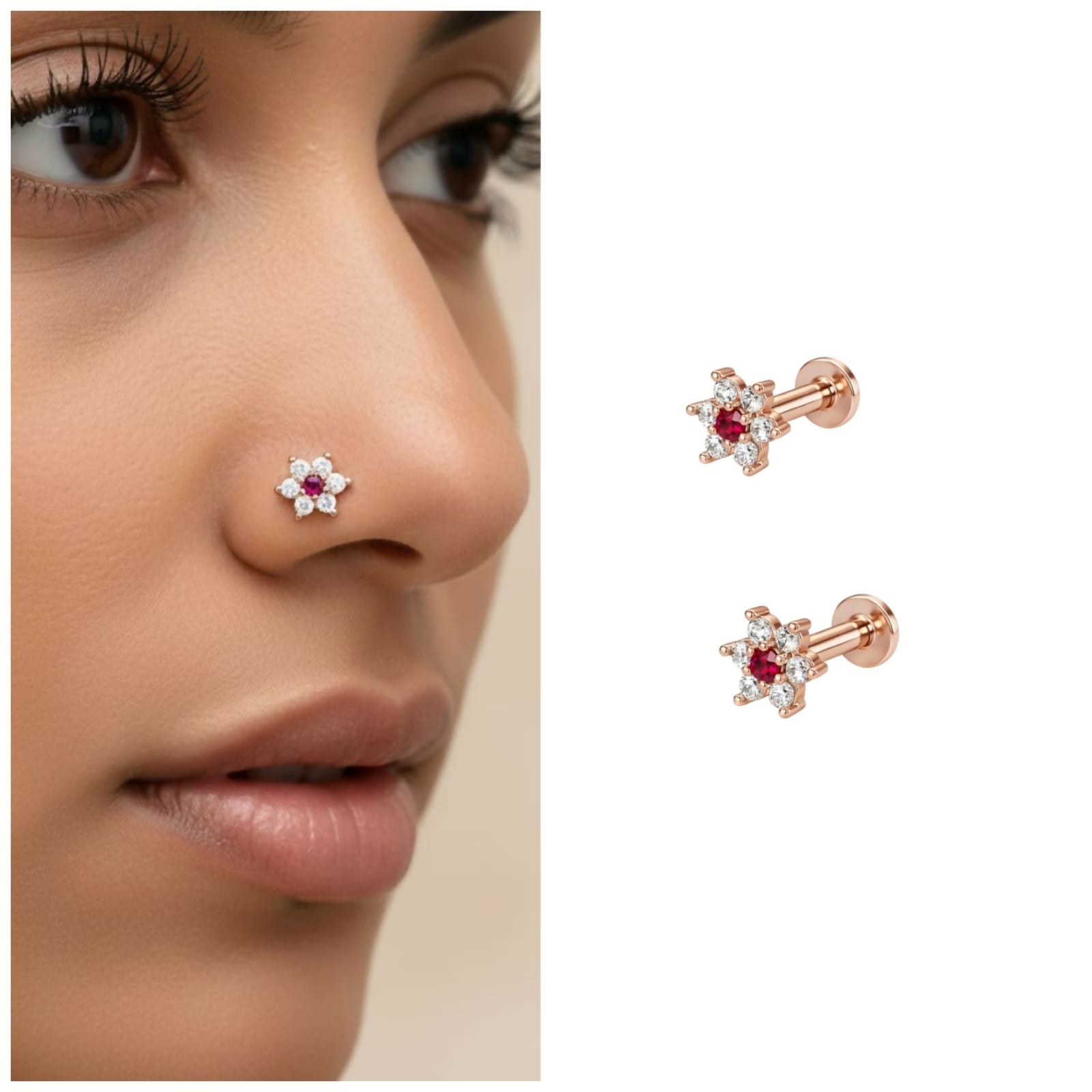 Premium Ruby Red Flower Nosepin – Elegant Rose Gold Studs Pack of 2 - Buy Online at Alikart