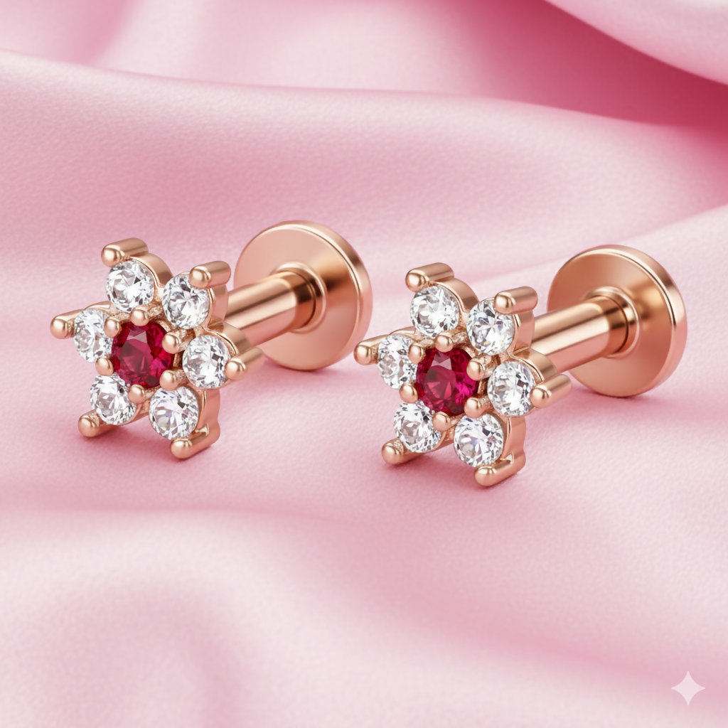 Ruby Red Flower Nosepin – Elegant Rose Gold Studs Pack of 2 - Detailed Feature View 1