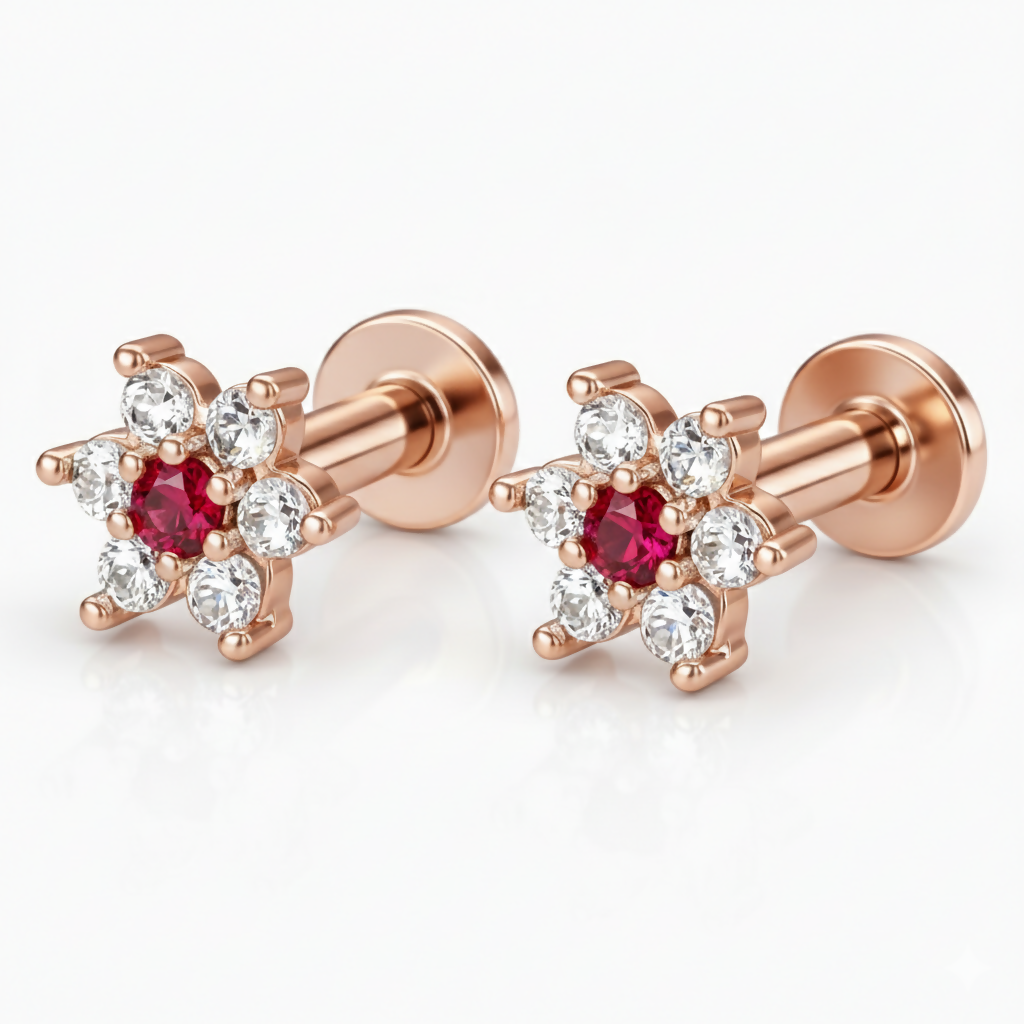 Ruby Red Flower Nosepin – Elegant Rose Gold Studs Pack of 2 - Detailed Feature View 2