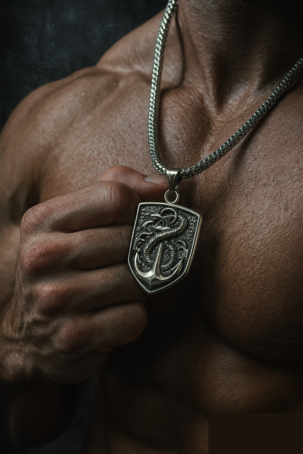 Shield Snake Pendant for Men – Bold Silver Plated Design - Detailed Feature View 1