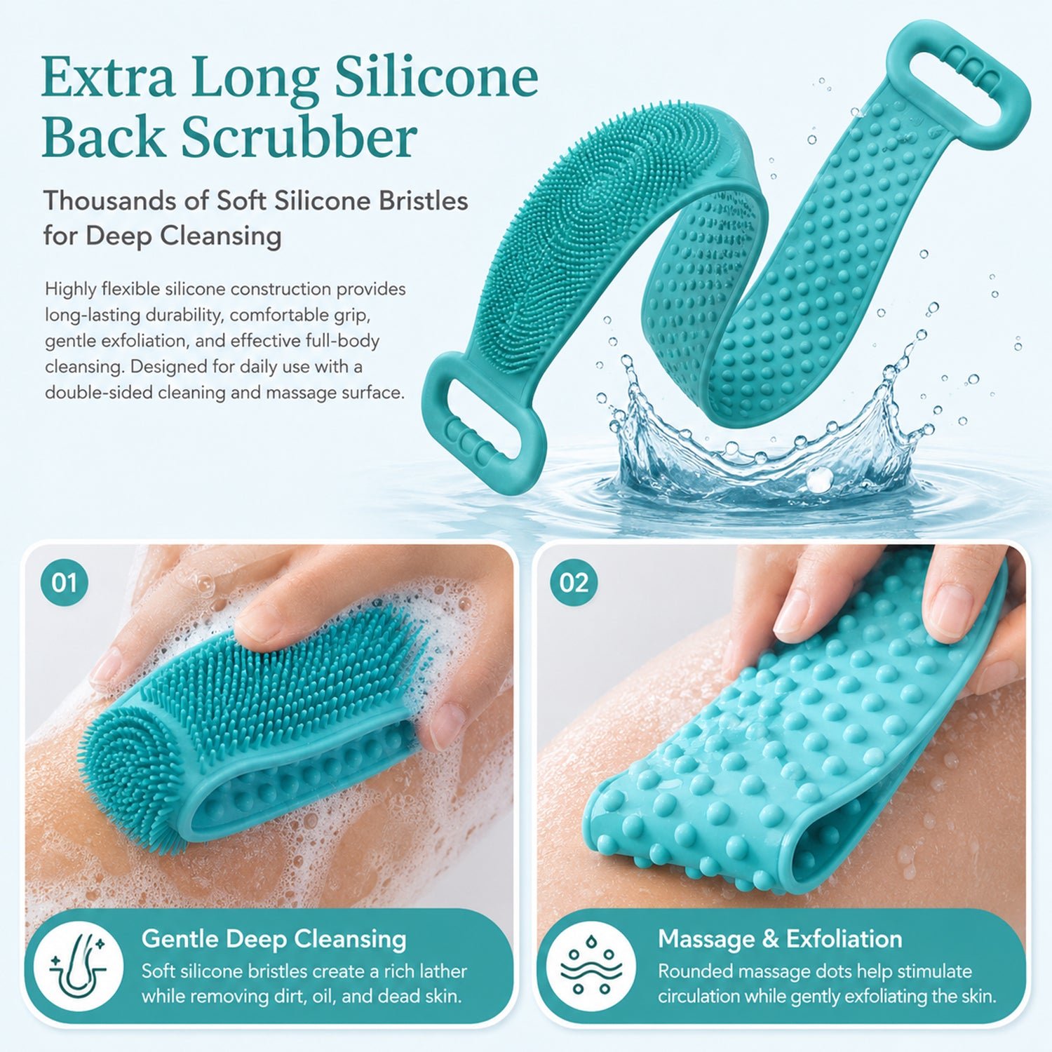 Silicone Body Scrubber Bath Belt Dual Handle Back Exfoliating Strap - Detailed Feature View 6