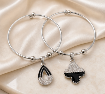 Silver Bangle Bracelets with Teardrop and Clover Black Stone Charms