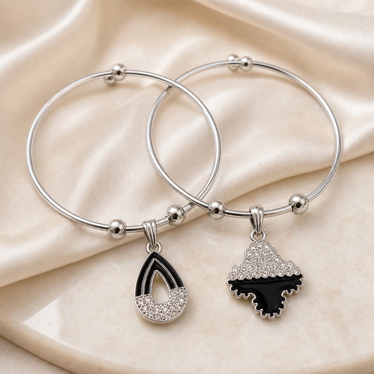Premium Silver Bangle Bracelets with Teardrop and Clover Black Stone Charms - Buy Online at Alikart