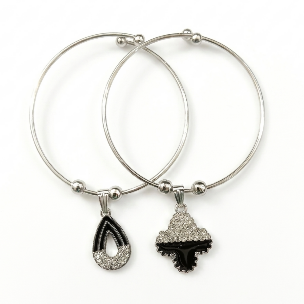 Silver Bangle Bracelets with Teardrop and Clover Black Stone Charms - Detailed Feature View 3