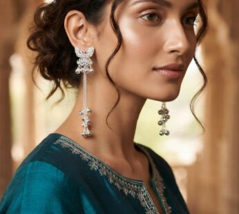 Silver Butterfly Long Chain Tassel Dangler Kashmiri Earrings with Cascading Bells