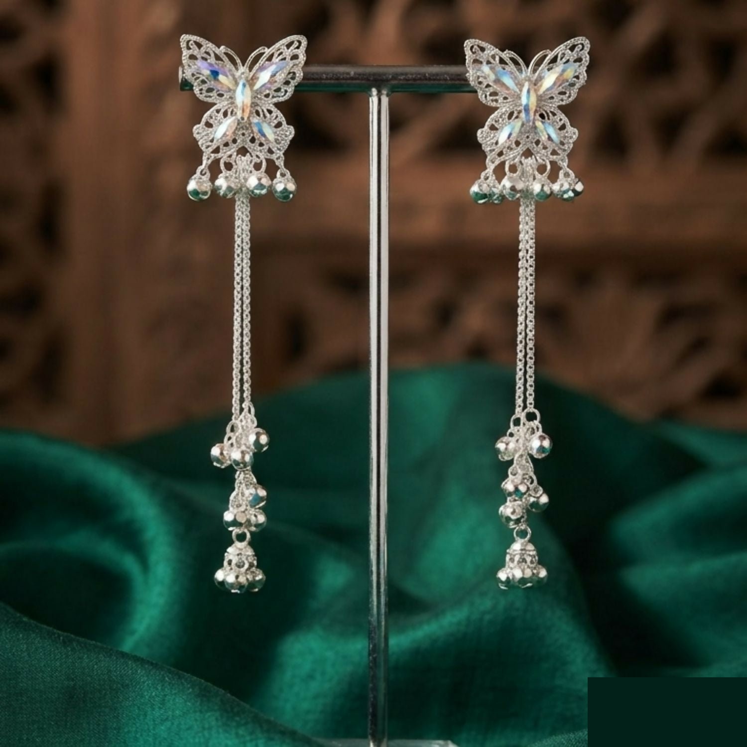 Silver Butterfly Long Chain Tassel Dangler Kashmiri Earrings with Cascading Bells - Detailed Feature View 1