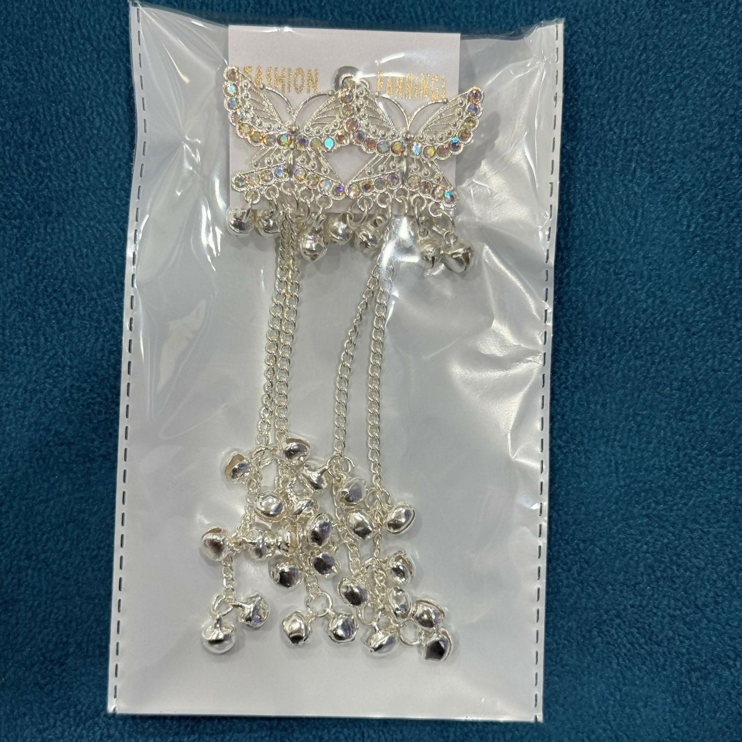 Silver Butterfly Long Chain Tassel Dangler Kashmiri Earrings with Cascading Bells - Detailed Feature View 4