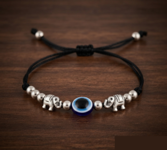 Silver Elephant Evil Eye Blue Bead Black Cord Adjustable Bracelet for Women and Girls