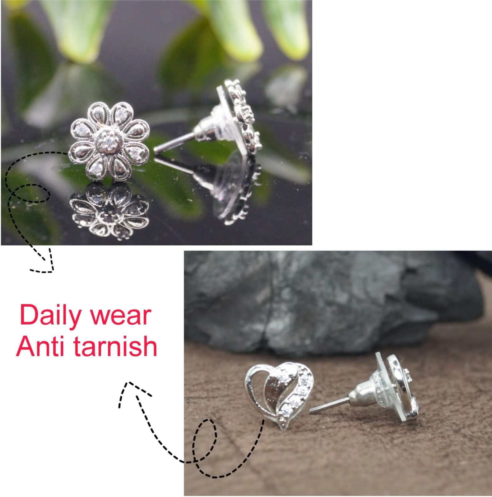 Silver Heart Stud Earrings – Sparkling Cubic Zirconia Set - Detailed Feature View 2