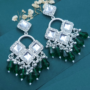 Premium Silver Plated Chandelier Earrings – Square Crystals & Green Teardrop Beads - Buy Online at Alikart