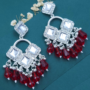 Premium Silver Plated Chandelier Earrings with Square Crystals and Red Beads - Buy Online at Alikart