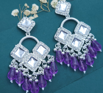 Silver Plated Chandelier Earrings with Square Crystals & Purple Beads