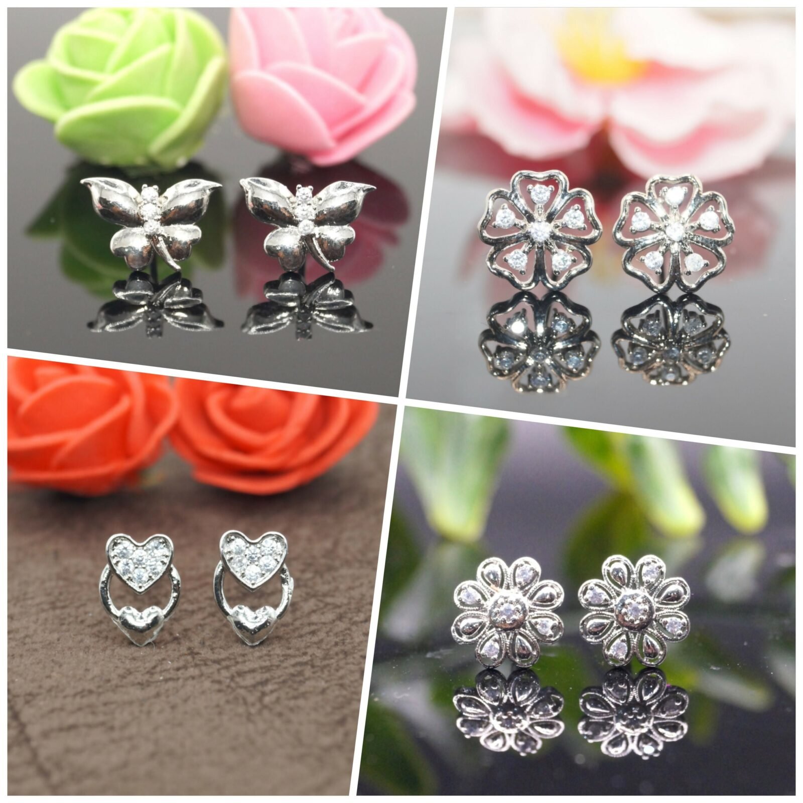 Premium Silver Plated Stud Earrings Set – Floral & Butterfly Combo Pack - Buy Online at Alikart