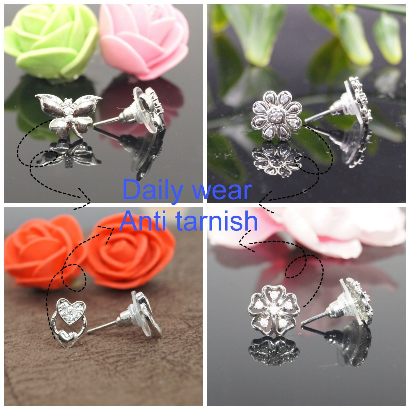 Silver Plated Stud Earrings Set – Floral & Butterfly Combo Pack - Detailed Feature View 1