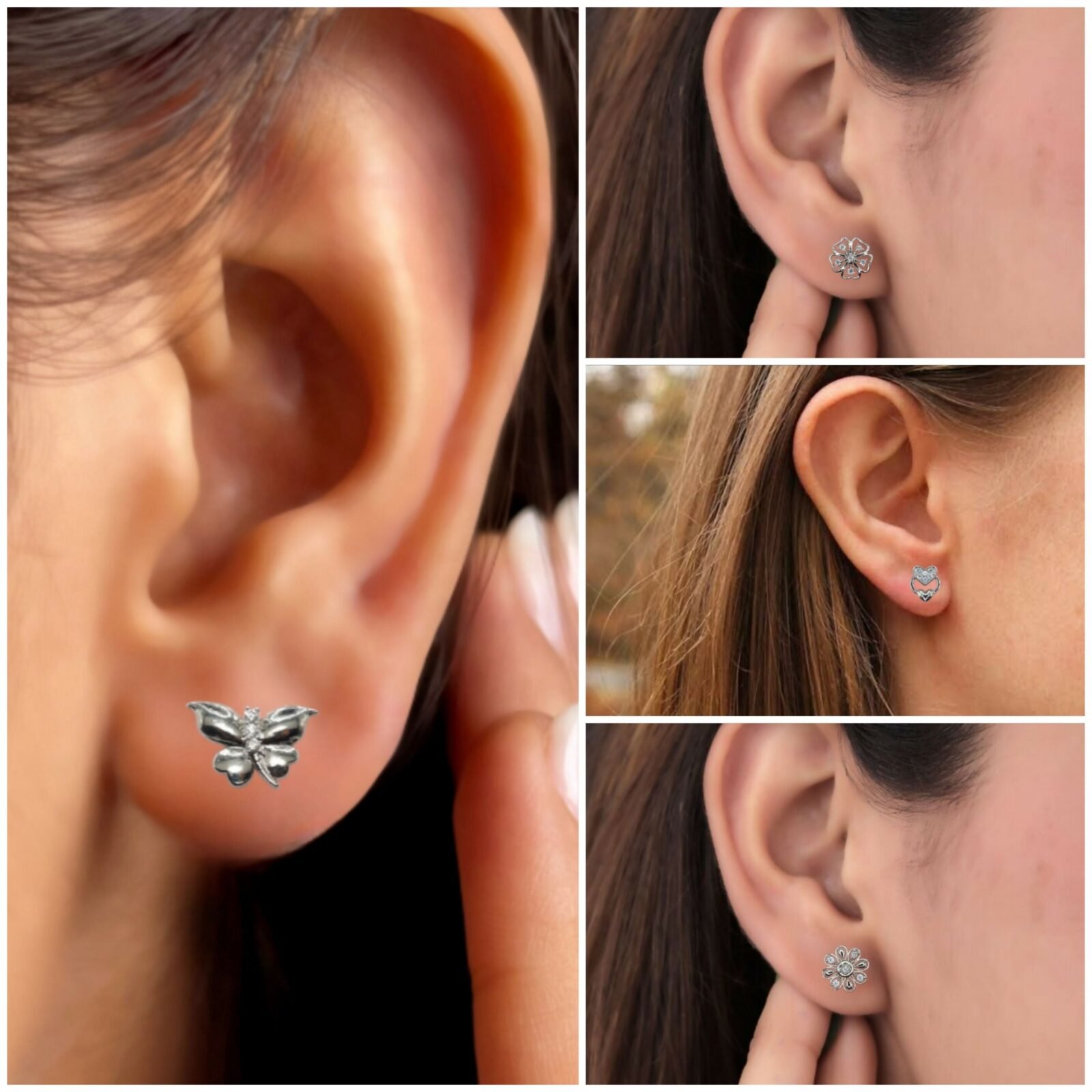 Silver Plated Stud Earrings Set – Floral & Butterfly Combo Pack - Detailed Feature View 2