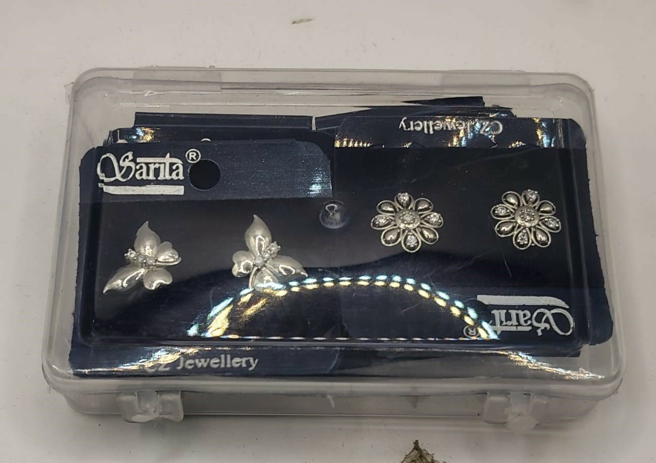 Silver Plated Stud Earrings Set – Floral & Butterfly Combo Pack - Detailed Feature View 4