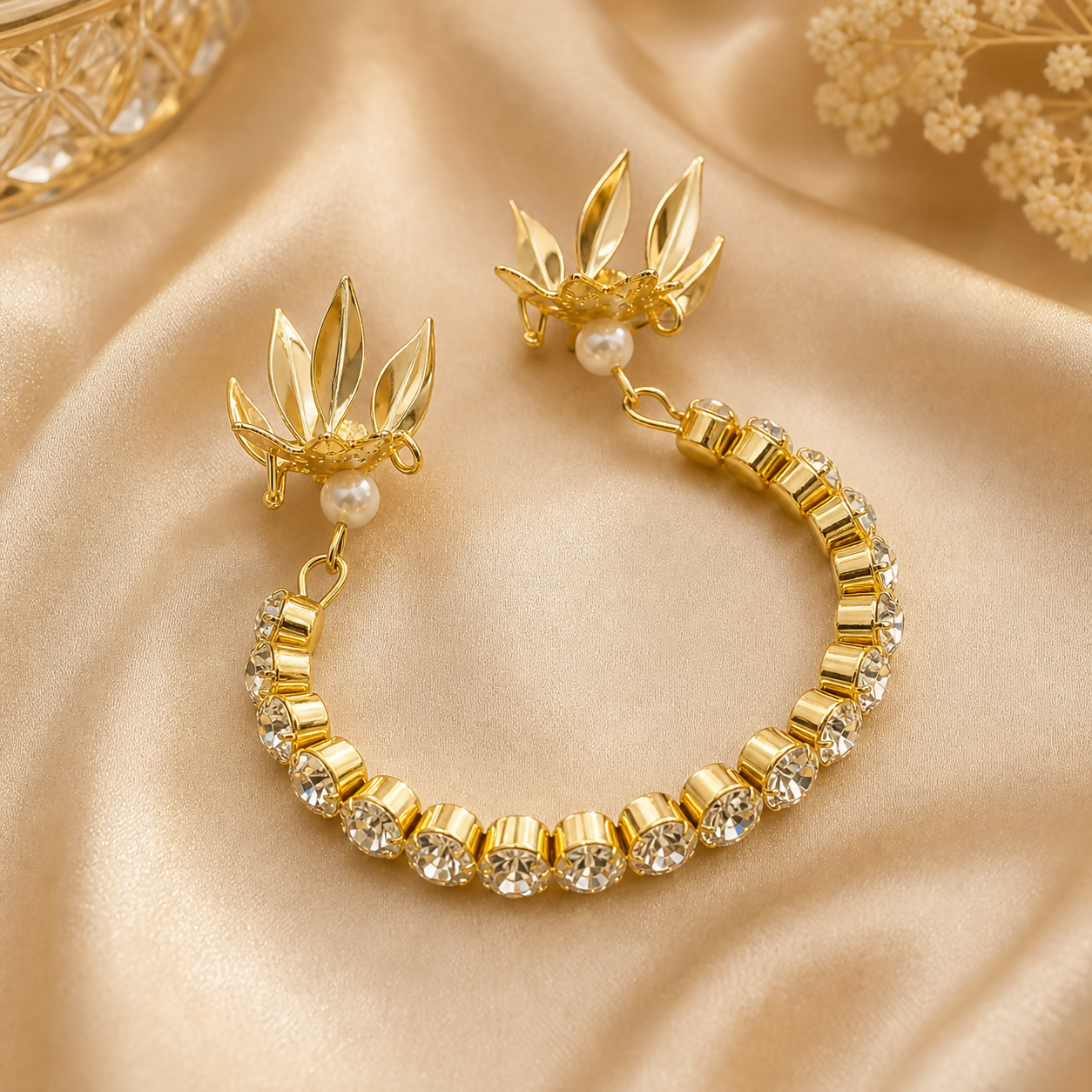 Premium Sparkling Austrian Stone Gold Bracelet for Women with Leaf and Pearl Charms - Buy Online at Alikart