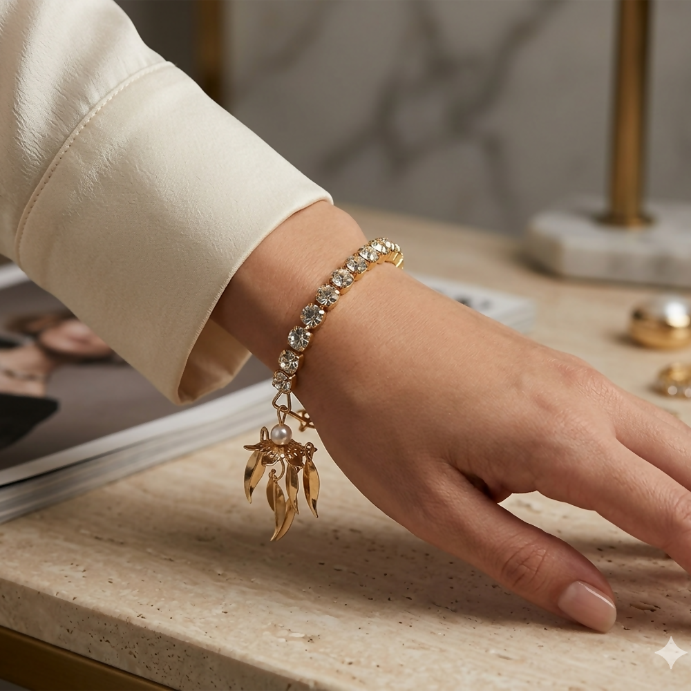 Sparkling Austrian Stone Gold Bracelet for Women with Leaf and Pearl Charms - Detailed Feature View 2