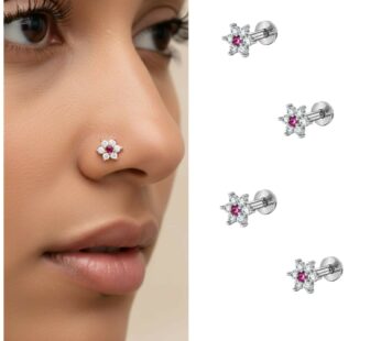 Sparkling Pink Floral Nose Studs – Silver Plated 4-Piece Set