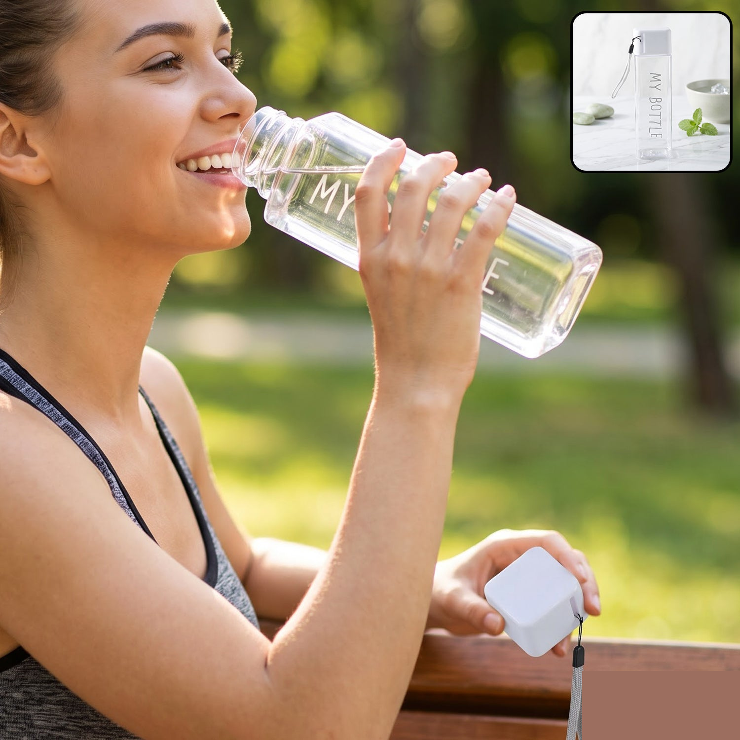 Premium Square Plastic Water Bottle 450 ML Transparent with Wrist Strap - Buy Online at Alikart