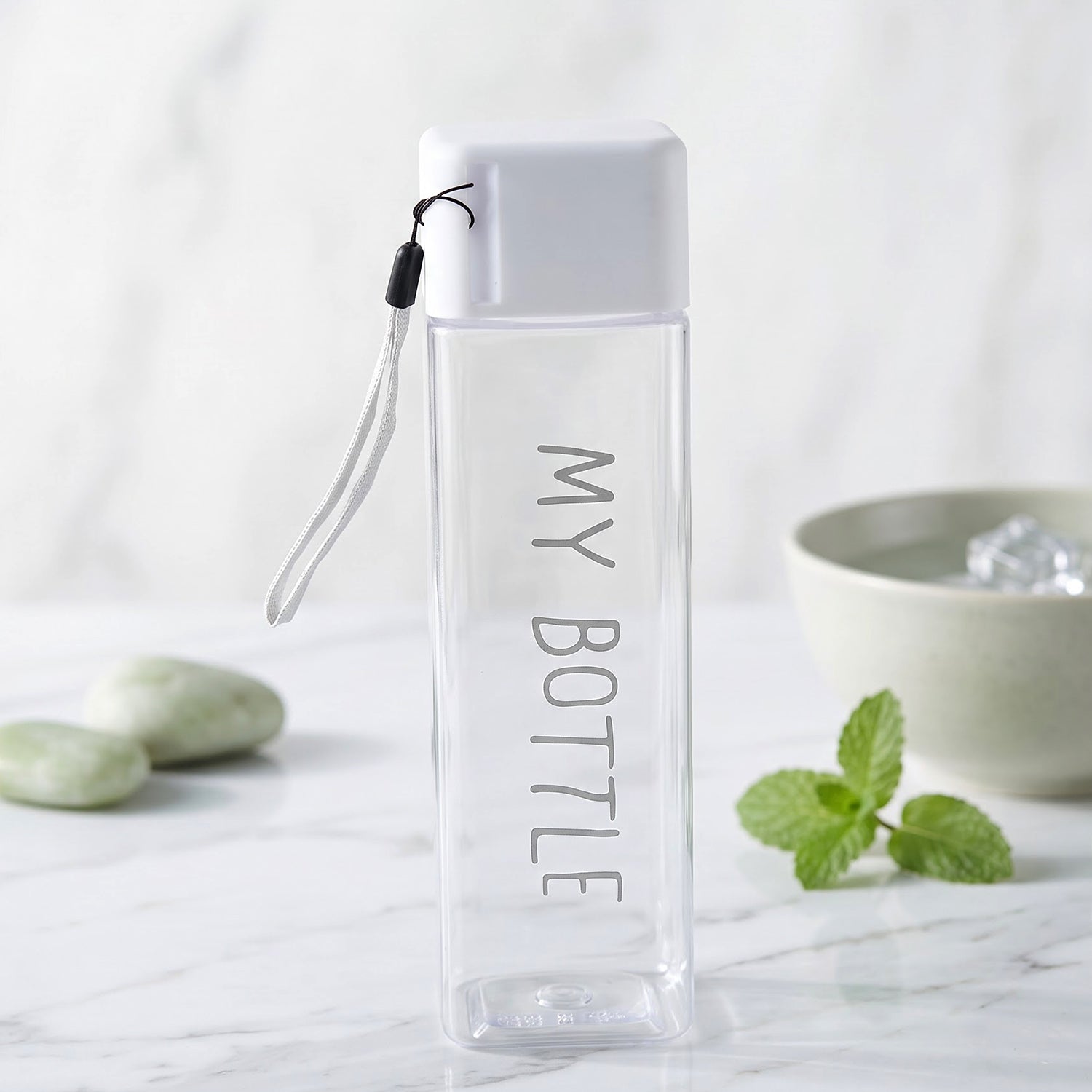 Square Plastic Water Bottle 450 ML Transparent with Wrist Strap - Detailed Feature View 2