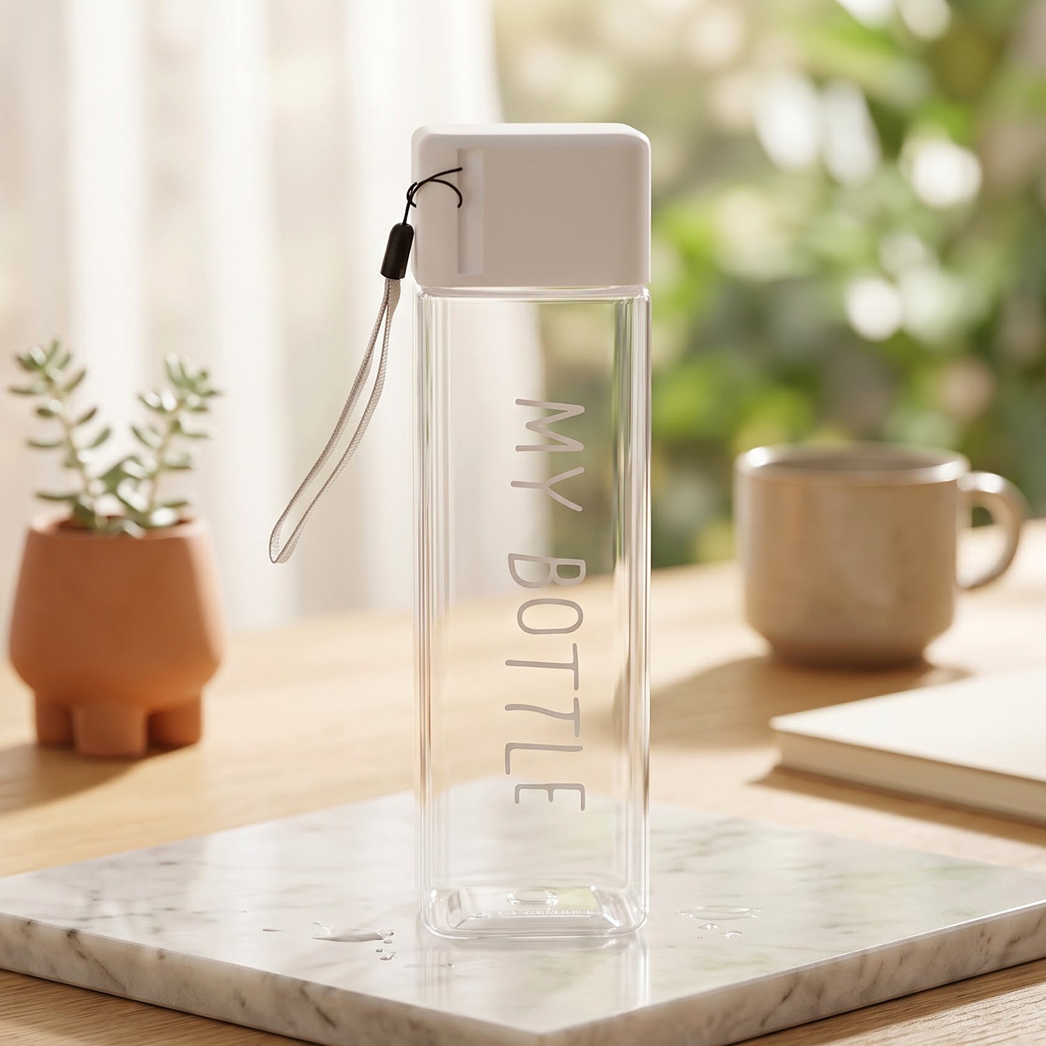 Square Plastic Water Bottle 450 ML Transparent with Wrist Strap - Detailed Feature View 4