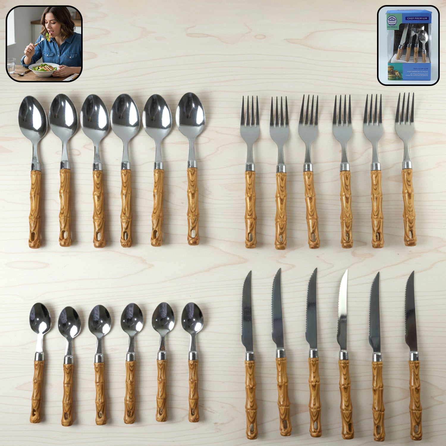 Premium Stainless Steel Cutlery Set – Elegant Wooden Handle, 24 Pieces - Buy Online at Alikart