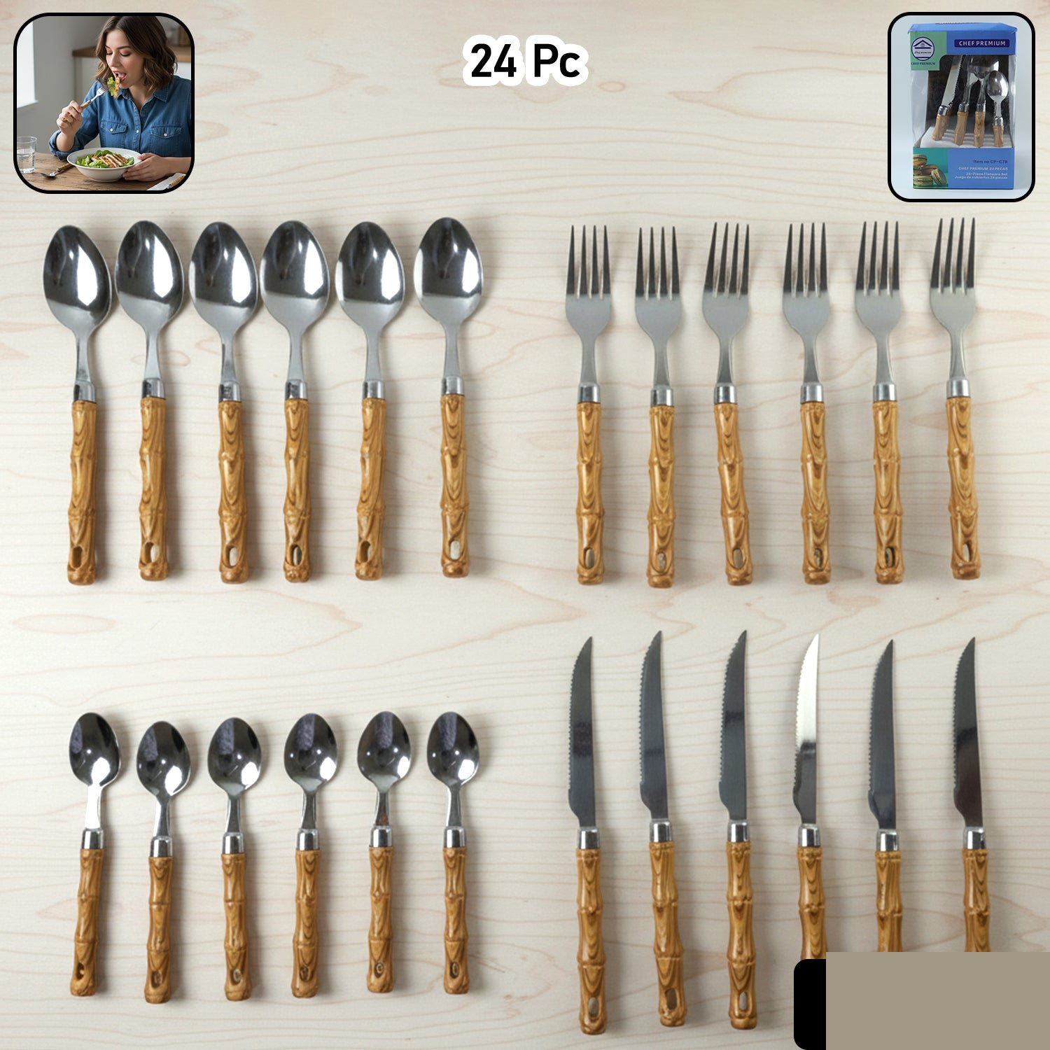 Stainless Steel Cutlery Set – Elegant Wooden Handle, 24 Pieces - Detailed Feature View 1