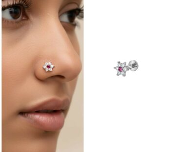 Sterling Silver Floral Crystal Nose Stud – Pink Blossom Piercing Jewelry