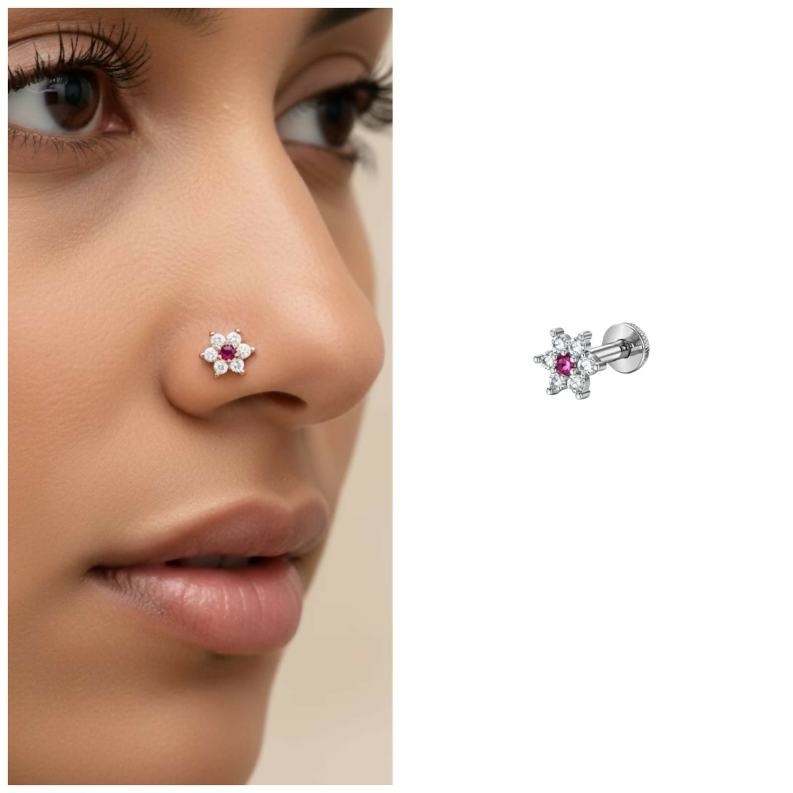 Premium Sterling Silver Floral Crystal Nose Stud – Pink Blossom Piercing Jewelry - Buy Online at Alikart