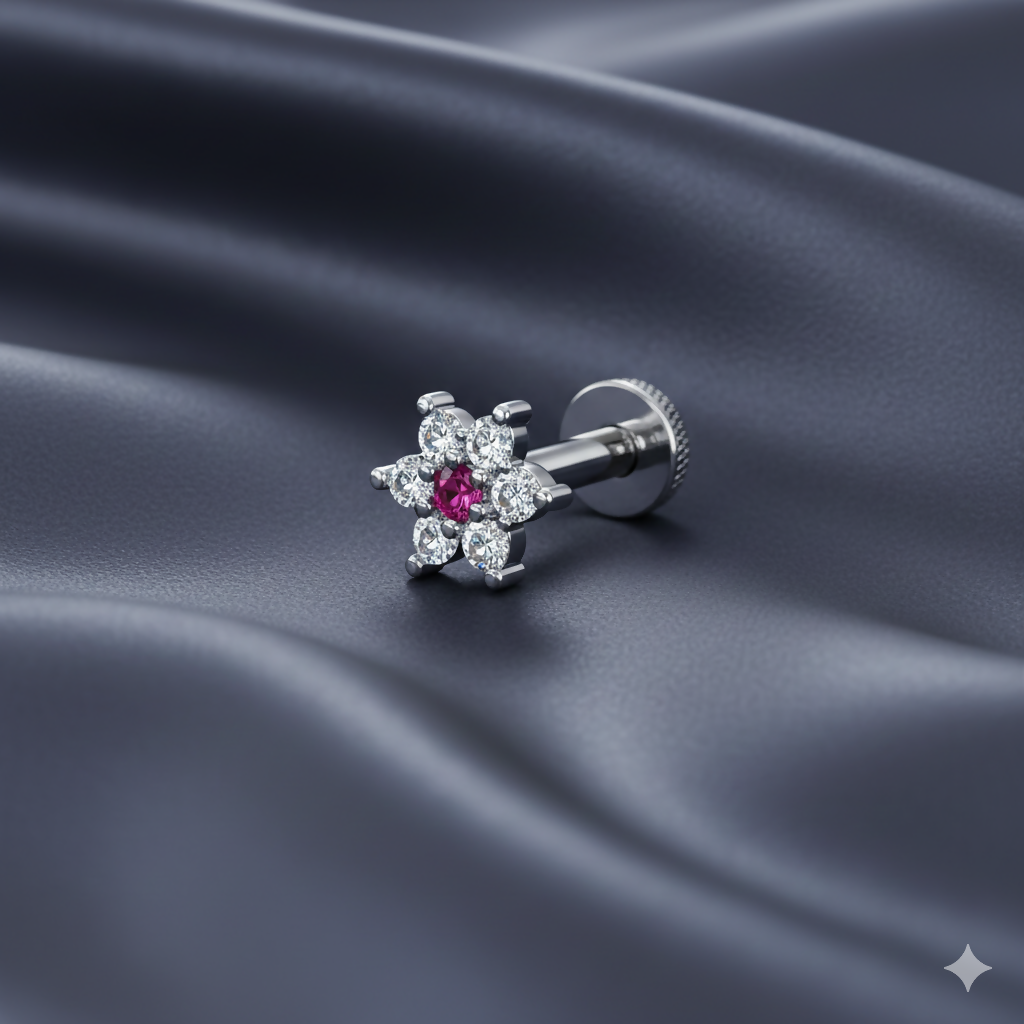 Sterling Silver Floral Crystal Nose Stud – Pink Blossom Piercing Jewelry - Detailed Feature View 1