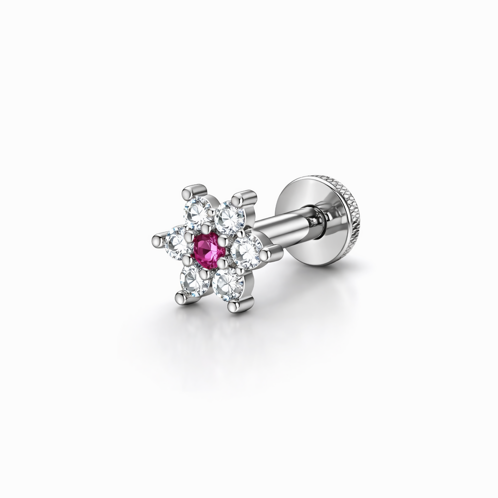Sterling Silver Floral Crystal Nose Stud – Pink Blossom Piercing Jewelry - Detailed Feature View 2