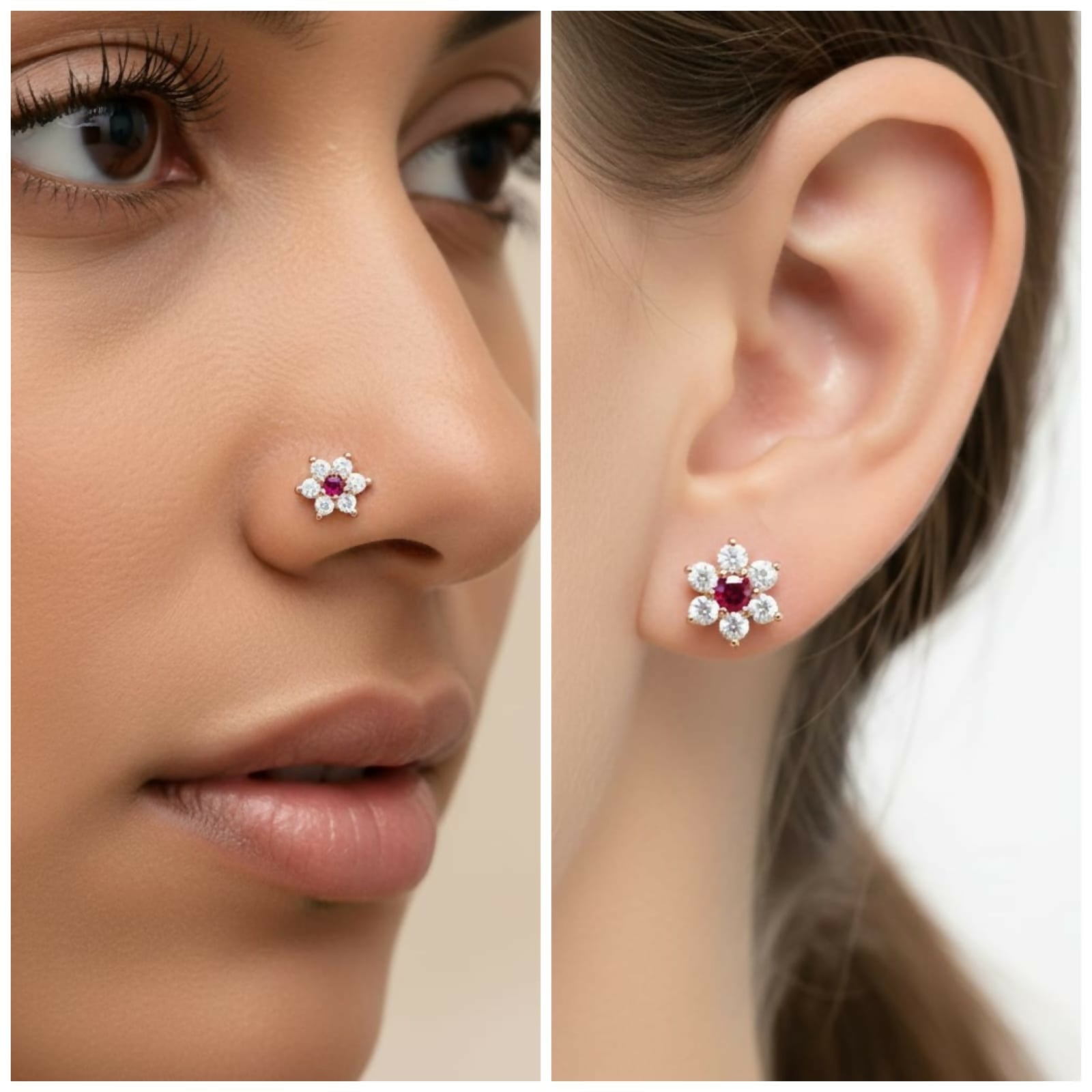 Sterling Silver Floral Crystal Nose Stud – Pink Blossom Piercing Jewelry - Detailed Feature View 3
