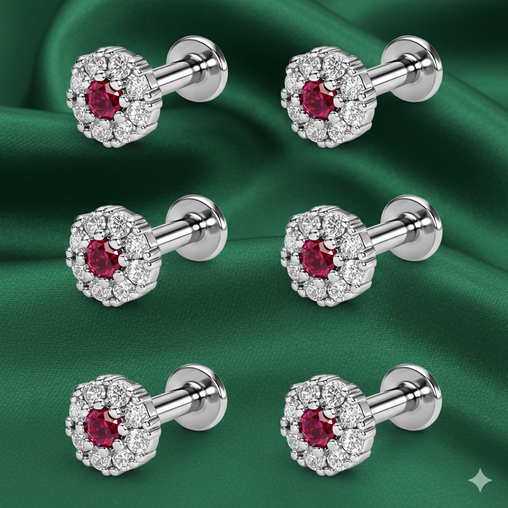 Premium Sterling Silver-Plated Ruby Red Floral Flat Back Nose Stud Set - Buy Online at Alikart