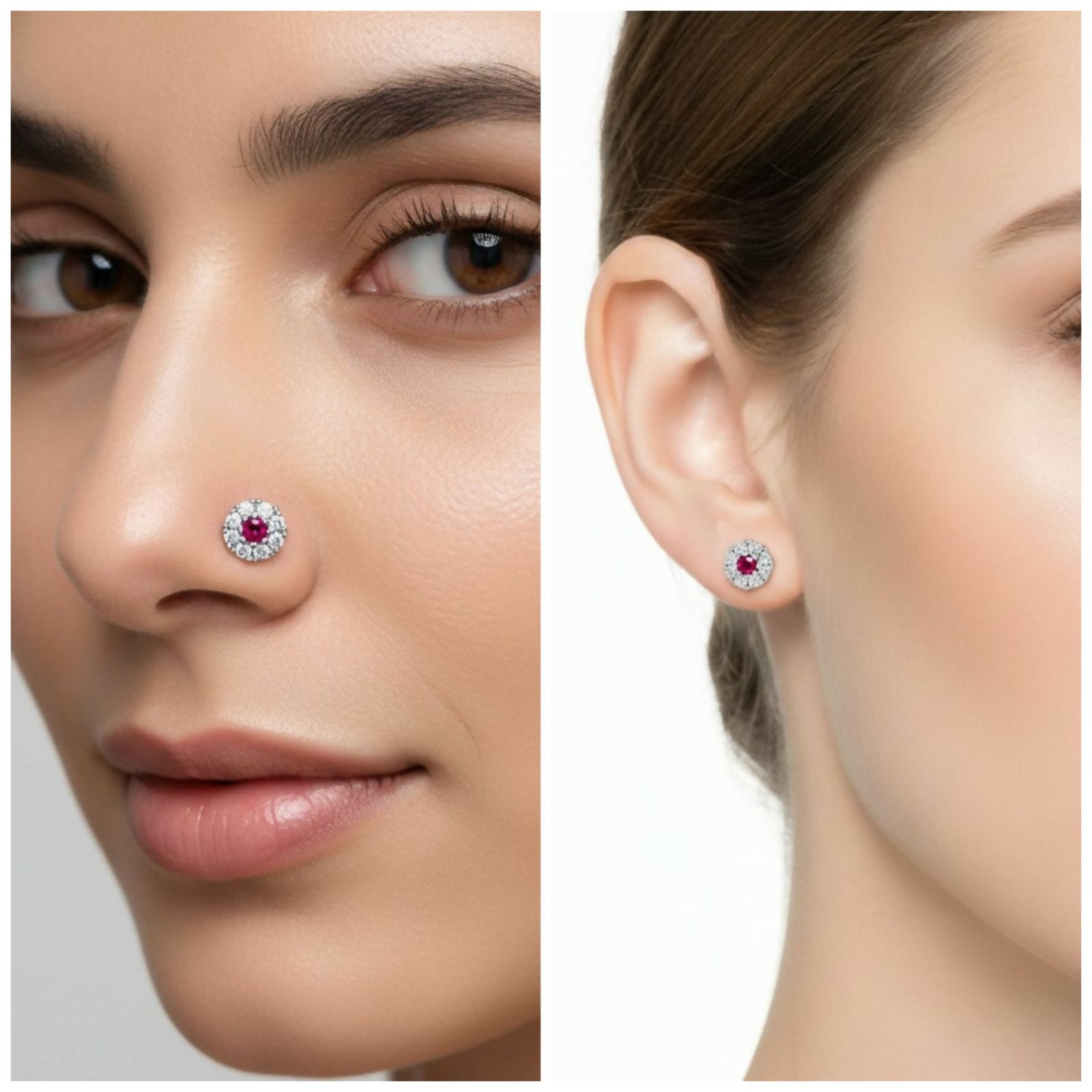Sterling Silver-Plated Ruby Red Floral Flat Back Nose Stud Set - Detailed Feature View 1