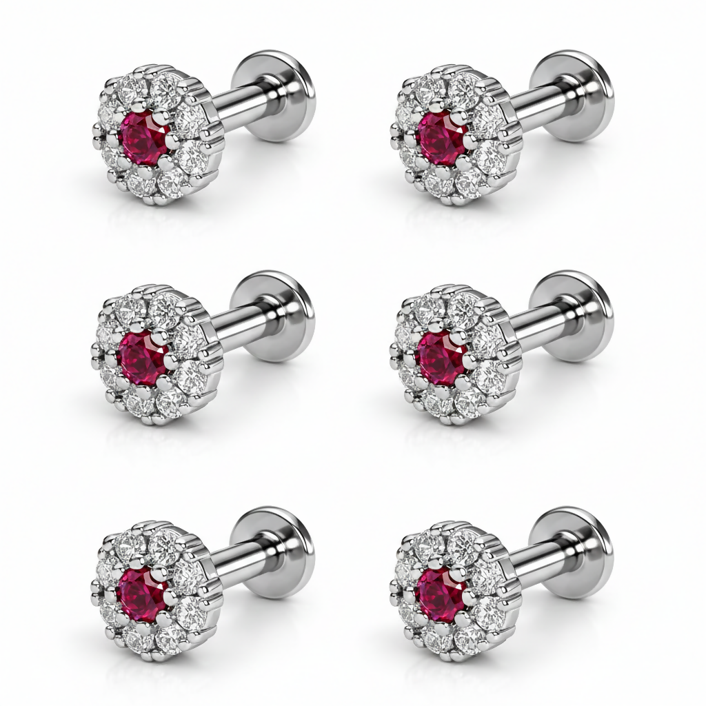 Sterling Silver-Plated Ruby Red Floral Flat Back Nose Stud Set - Detailed Feature View 2