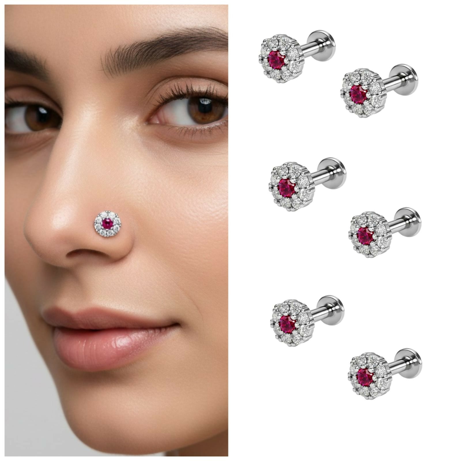 Sterling Silver-Plated Ruby Red Floral Flat Back Nose Stud Set - Detailed Feature View 3