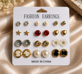 Stylish Women’s Earring Set – 12 Pair Stud & Pearl Designs