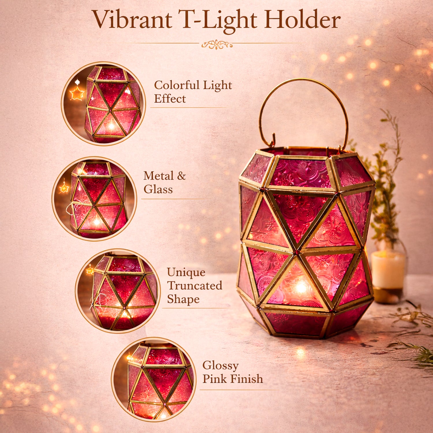 T-Light Holder – Fuchsia & Turquoise Truncated Design - Detailed Feature View 4