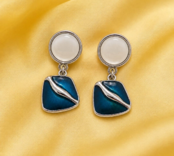 Teal Blue & White Geometric Dangle Earrings – Modern Elegance