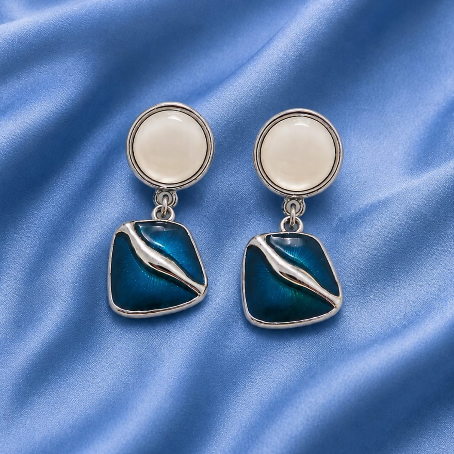 Teal Blue & White Geometric Dangle Earrings – Modern Elegance - Detailed Feature View 1
