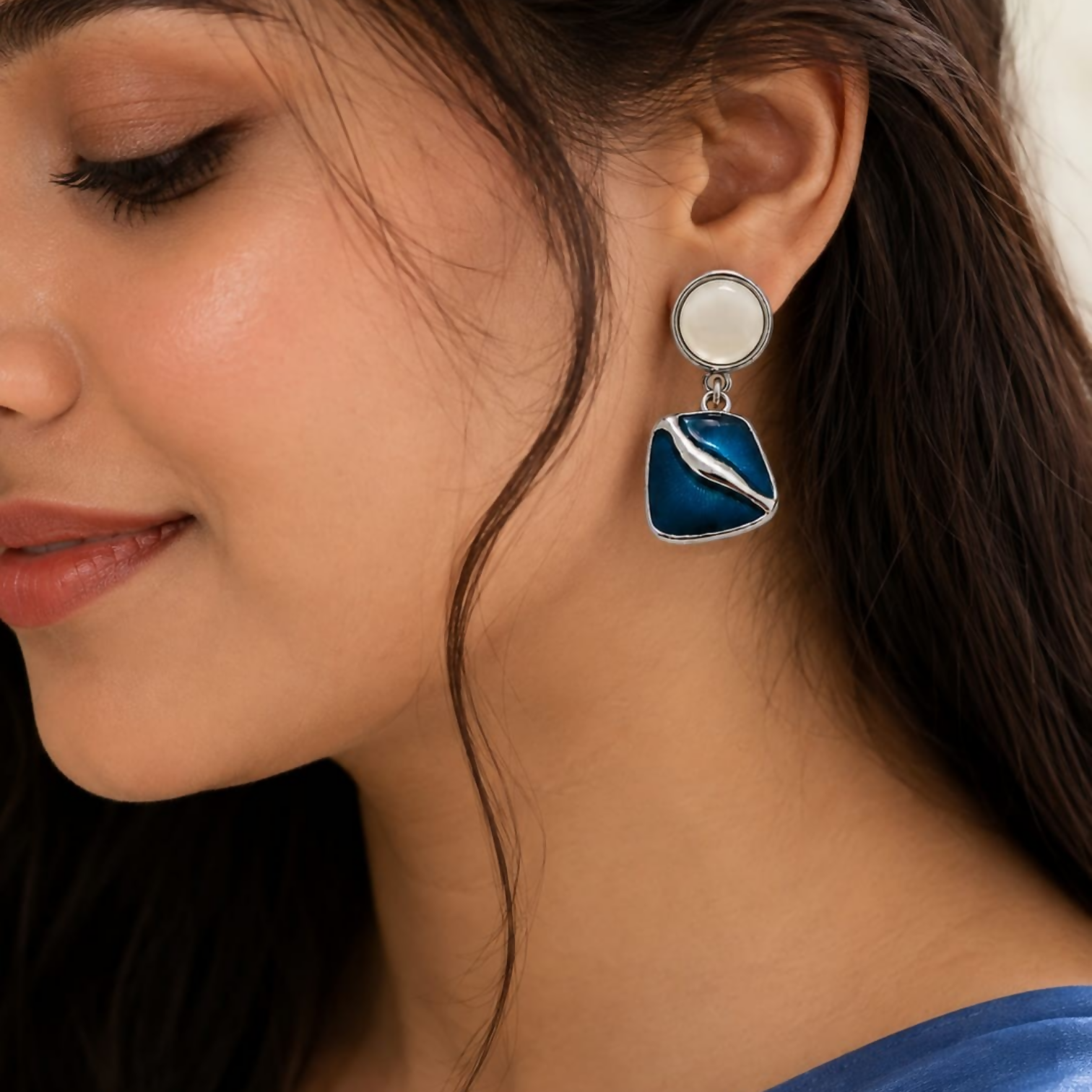 Teal Blue & White Geometric Dangle Earrings – Modern Elegance - Detailed Feature View 2