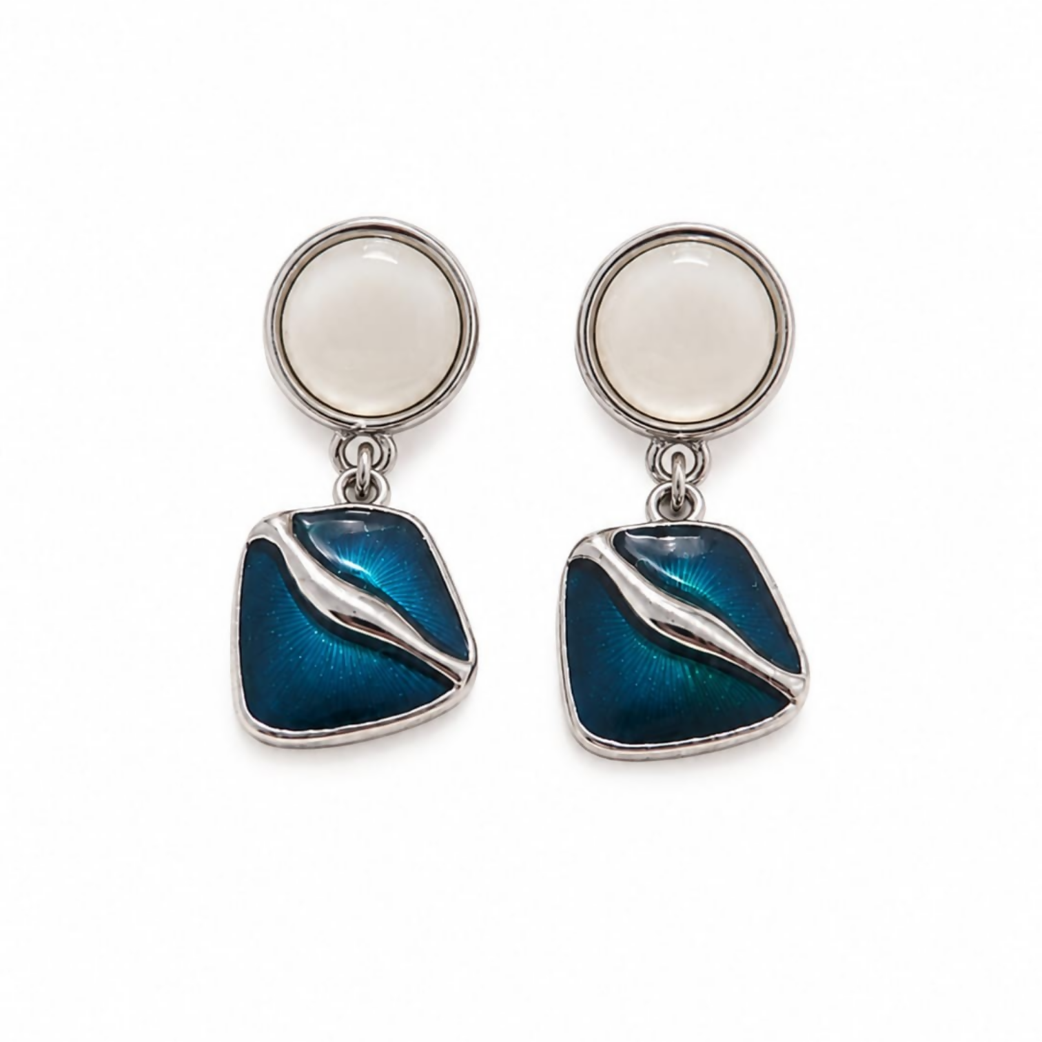 Teal Blue & White Geometric Dangle Earrings – Modern Elegance - Detailed Feature View 3